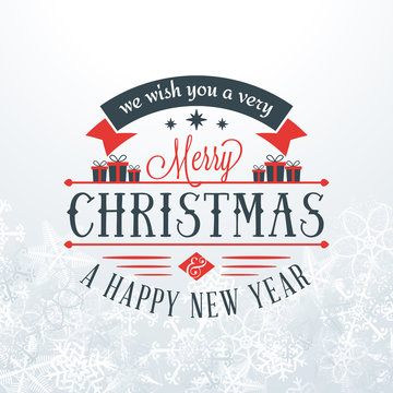 Christmas Postcard Decoration with Vintage Typographic Badge. Merry Christmas and Happy New Year. Vector Illustration