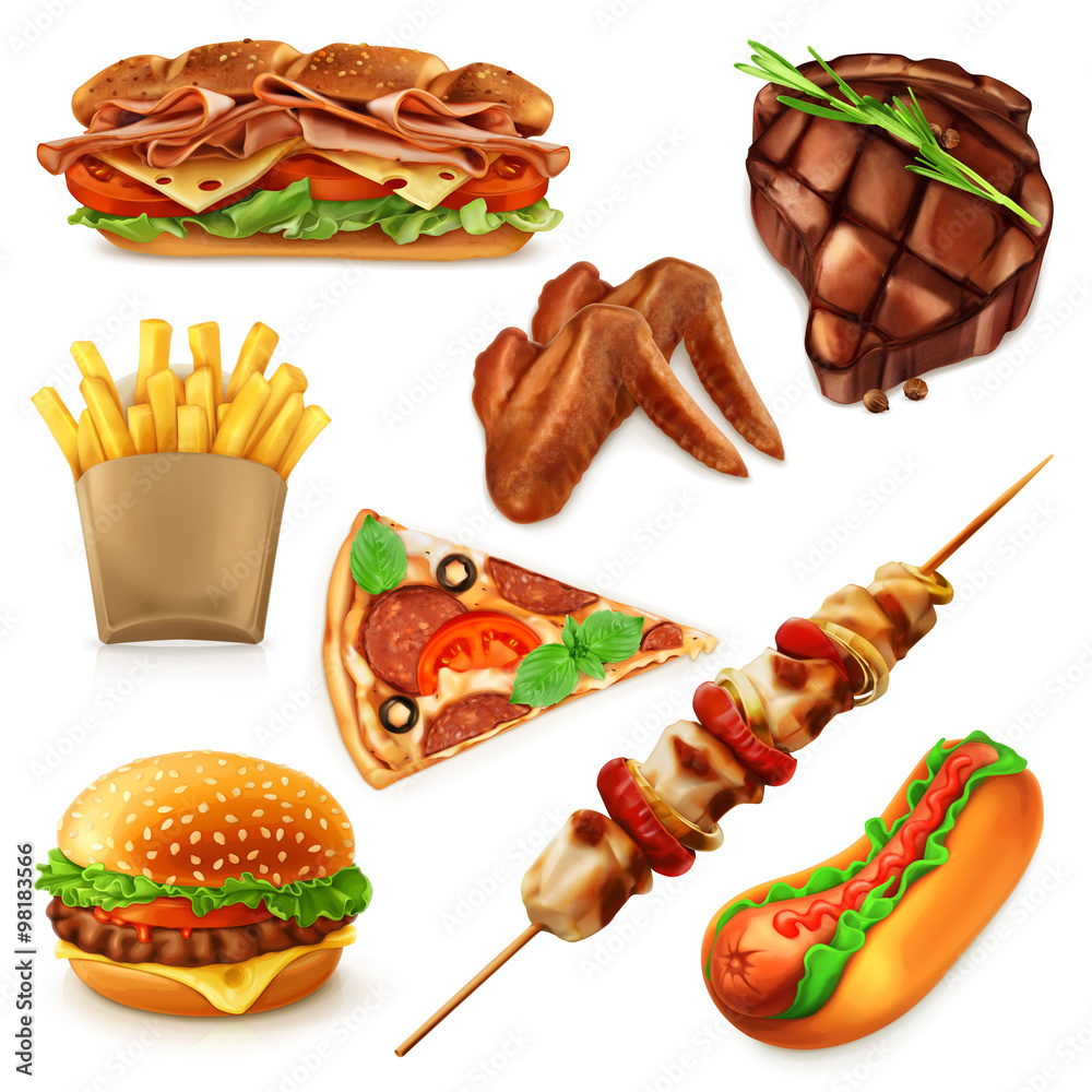 Sticker fast food set vector icons