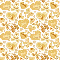 Seamless valentine pattern with colorful vintage sepia butterflies, flowers and hearts on white background. Vector illustration