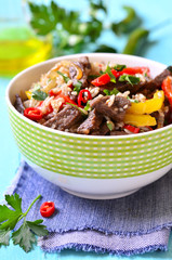 Meat ragout with bell pepper and rice.