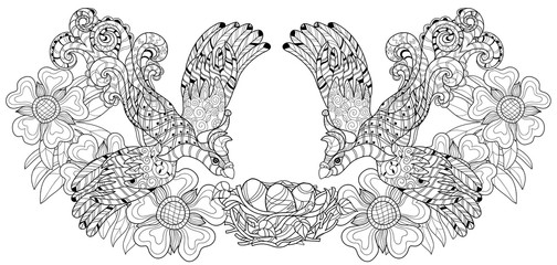 Zentangle stylized bird on nest. Hand Drawn vector illustration. Sketch for tattoo,coloring or makhenda. Bird collection.