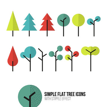 Set of simple flat tree icons with stipple light effect.
