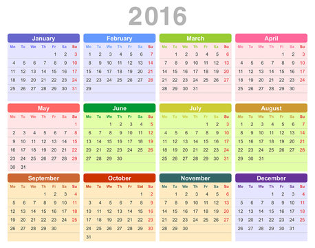 2016 year annual calendar (Monday first, English)