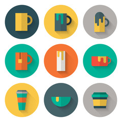 Hot Beverages Flat Round Icons with Stipple Effect and Long Shad