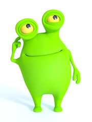 Cute green monster thinking about something.