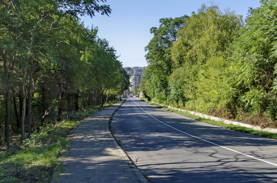 Landscape of park by Beli Lom river at Razgrad town with view of town, Bulgaria  
