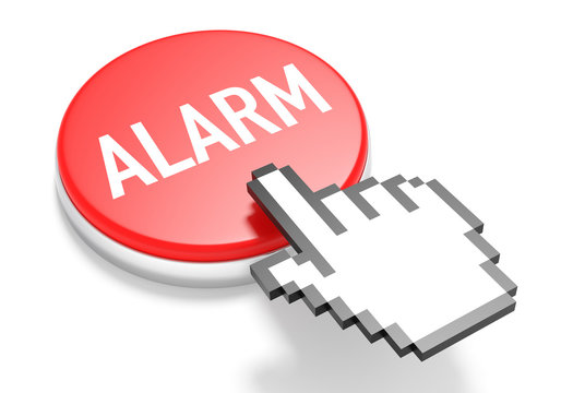 Mouse Hand Cursor on Red Alarm Button. 3D Illustration.