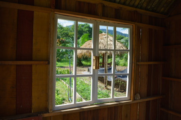 wooden window overlook the vegetable garden