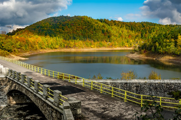 Autumn view of Pilchowickie Lake Dam, Poland, Poland