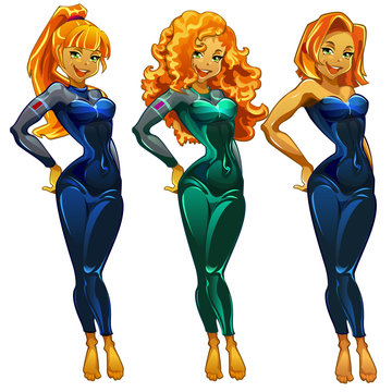 Three diver girls isolated with space for text, cartoon character