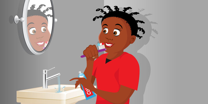 cartoon vector illustration of a girl brushing teeth
