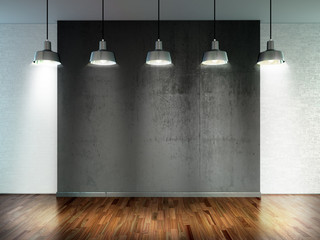 Room with  spotlight lamps, empty  space with wooden flooring and brick wall as background or backdrop for product placement. 3d rendering interior
