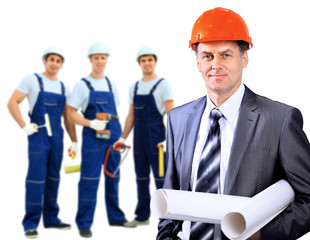 Smiling Construction worker man. Architecture background