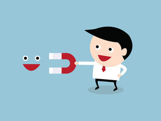 Businessman hold abstract magnet attracting smiles. Happiness co