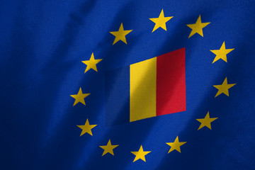 Romania flag in EU flag on fabric