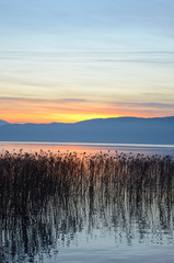 Panele Szklane  Zachód słońca nad jeziorem ochrydzkim, macedonia