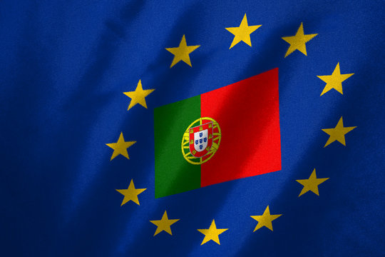 Portugal flag in EU flag on fabric