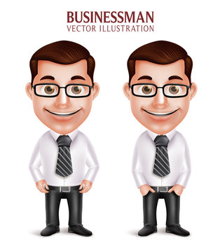 Set of 3D Realistic Professional Business Man Character Happy Smiling Isolated in White Background. Vector Illustration
