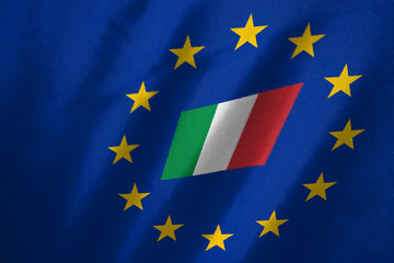 italy flag in EU flag on fabric