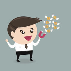 Businessman hold magnet attracting money, flat design, business