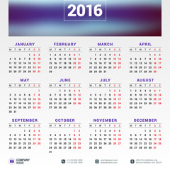 Vector Design Print Template. Calendar for 2016 Year. Week Starts Monday
