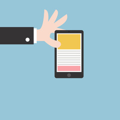 Businessman hand holding tablet computer, flat design, vector