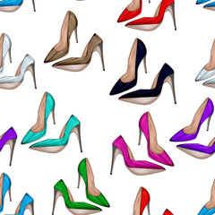 Seamless Pattern - All over background with stiletto shoes in various bright colors