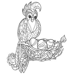 Zentangle stylized parrot on nest. Hand Drawn vector illustration. Sketch for tattoo,coloring or makhenda. Bird collection.