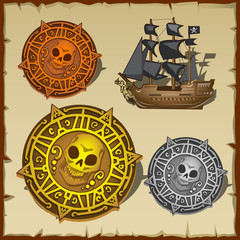 Symbolic set of pirate attributes, seal and ship