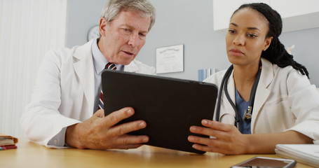Hardworking doctors reviewing patient's file