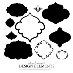 vector design elements in fancy decorative shaped frames. Blank collection of label shapes or frames. Hand drawn illustrations in black ink.