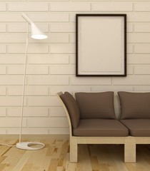 Empty picture frames in classic interior entrance background on the decorative brick wall with wooden floor. Copy space image. 3d render