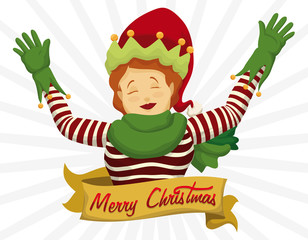 Happy Santa´s Helper with Merry Christmas Sign in Ribbon, Vector Illustration