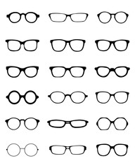 Black silhouettes of fifteen different eyeglasses, vector