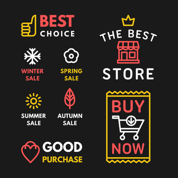 Set of Shopping Badges on Black Background. Best Choice, Season Sale, Buy Now, The Best Store. Line Art Vector Illustration
