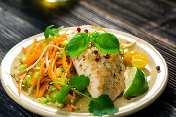 Roasted chicken breast with vegetable, basil and lime

