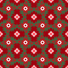 Seamless background image of vintage red tone flower leaf kaleidoscope pattern.

