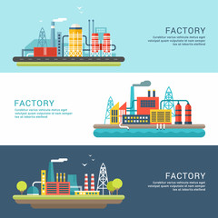 Fototapeta premium Set of Industrial Factory Buildings. Flat Style Vector Conceptual Illustrations for Web Banners or Promotional Materials