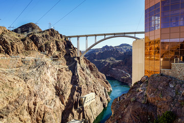 View of bridge, mountain, and river from Hoover Dam