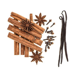Spices cinnamon, star anise, cloves, vanilla. Christmas food ing