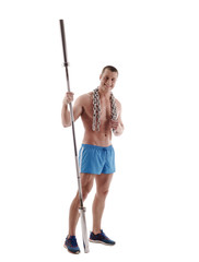 Image of smiling bodybuilder with sports equipment