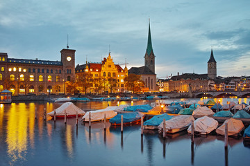Naklejka na ściany i meble Night photo of Zurich and Limmat River, Switzerland