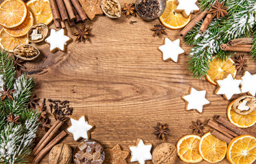 Christmas cookies and spices. Holidays food ingredients