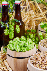 Beer ingredients in barrels