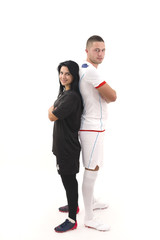 male and female soccer players isolated on white background