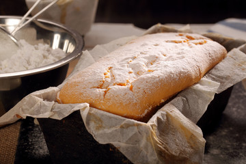 Homemade pound cake with powdered sugar in baking mold