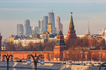 Moscow winter morning. View from Moscow River bridge on the river and the Kremlin, in the direction...