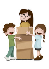 Adulto y dos niños realizando un trabajo en equipo. Están apilando unas cajas de cartón, recogiendo la 

habitación. Felicidad y orden. Se mudan de casa. Técnica de ilustración