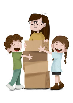 Adulto y dos ni&ntilde;os realizando un trabajo en equipo. Est&aacute;n apilando unas cajas de cart&oacute;n, recogiendo la 

habitaci&oacute;n. Felicidad y orden. Se mudan de casa. T&eacute;cnica de ilustraci&oacute;n