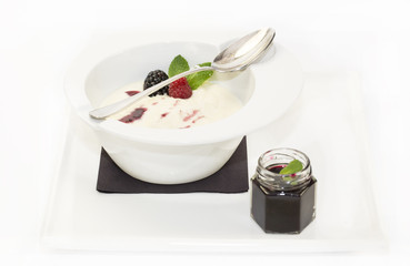 semolina with jam on a white background in the restaurant